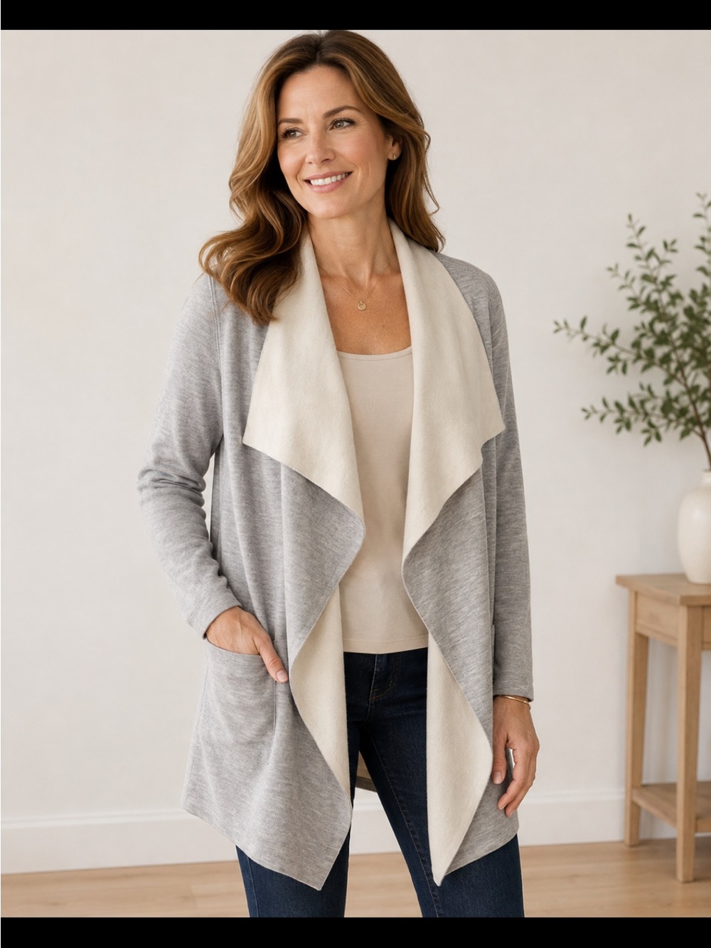 Vineyard Vines 100% Merino Wool Waterfall Cardigan Gray Cream Large